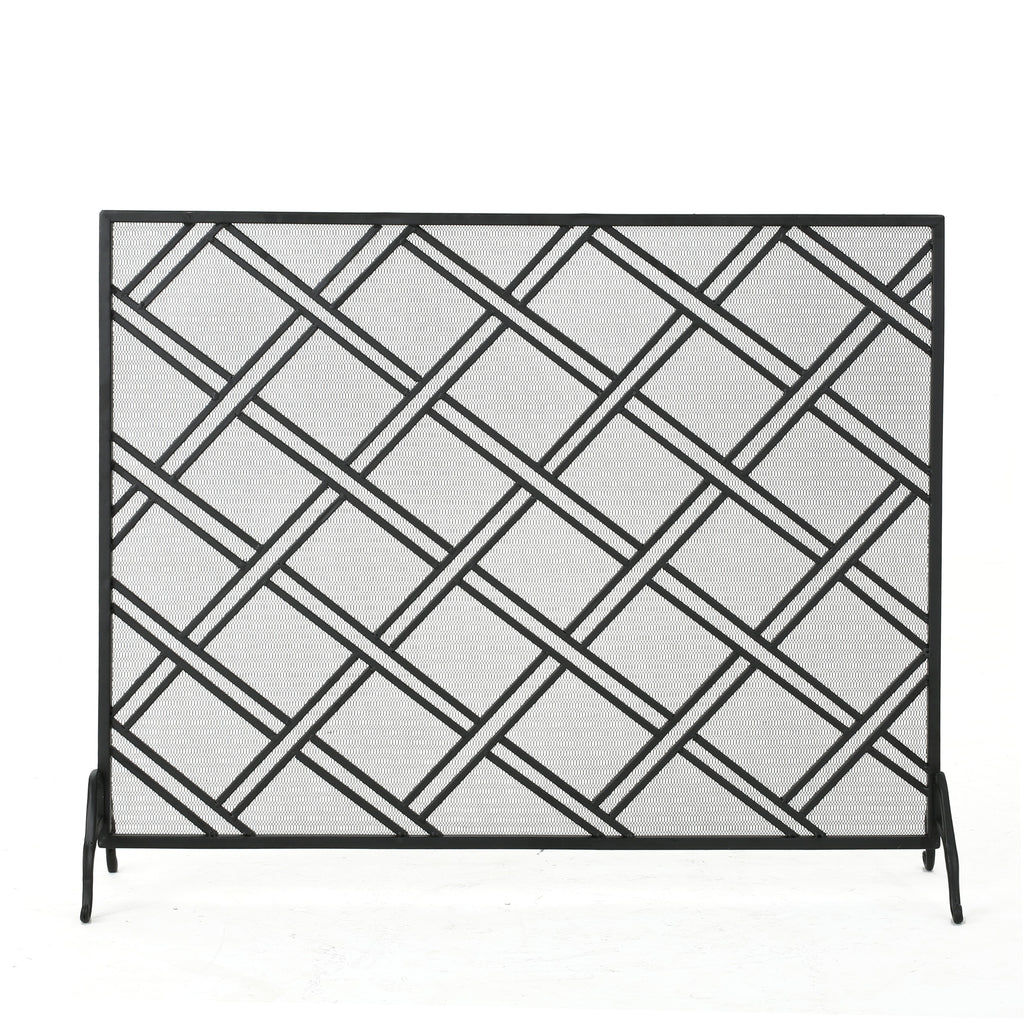 Side view highlighting depth and weighted base of black iron fire screen