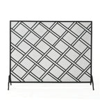 Side view highlighting depth and weighted base of black iron fire screen