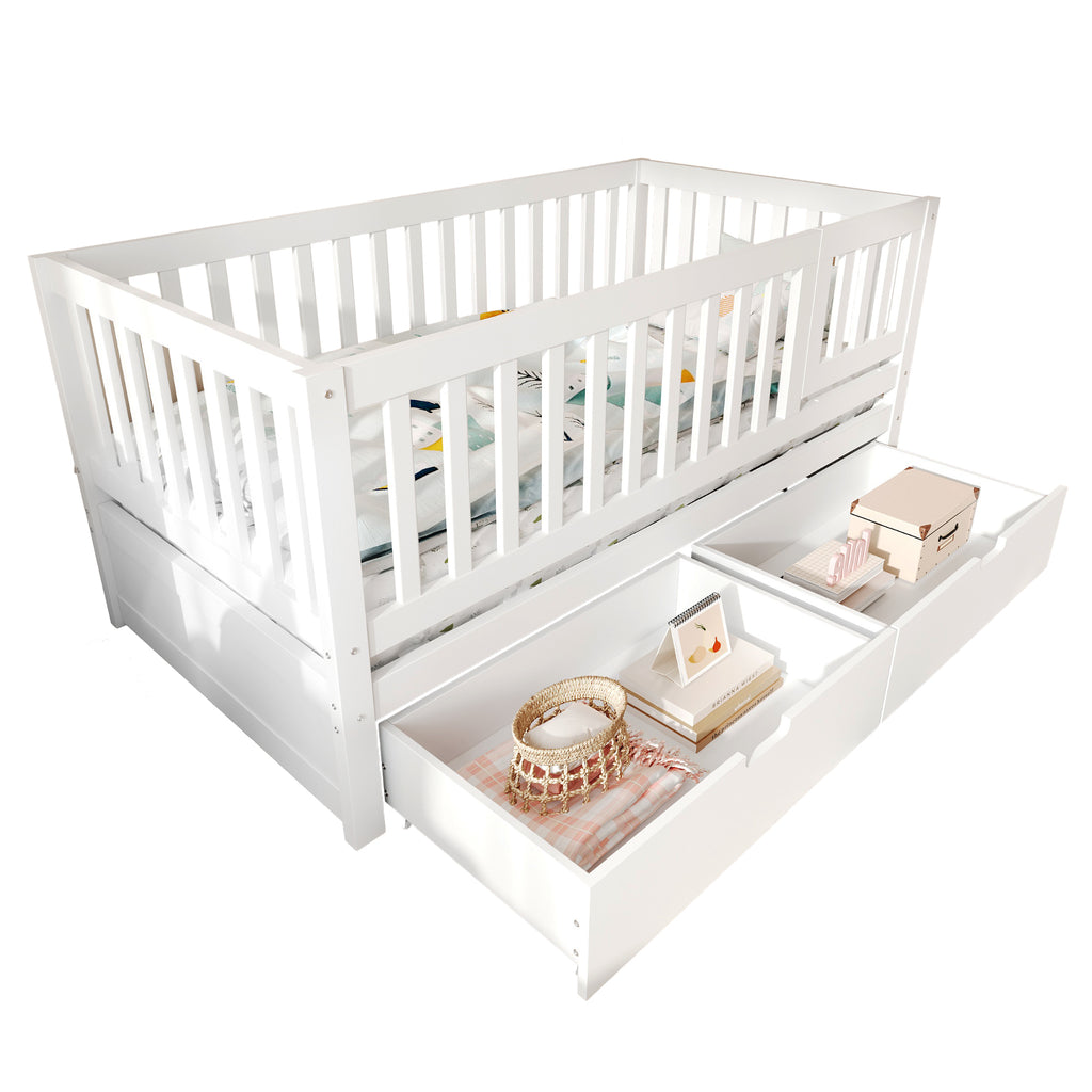 3-in-1 Convertible Toddler Bed with Storage Drawers, Solid Wood Daybed, White