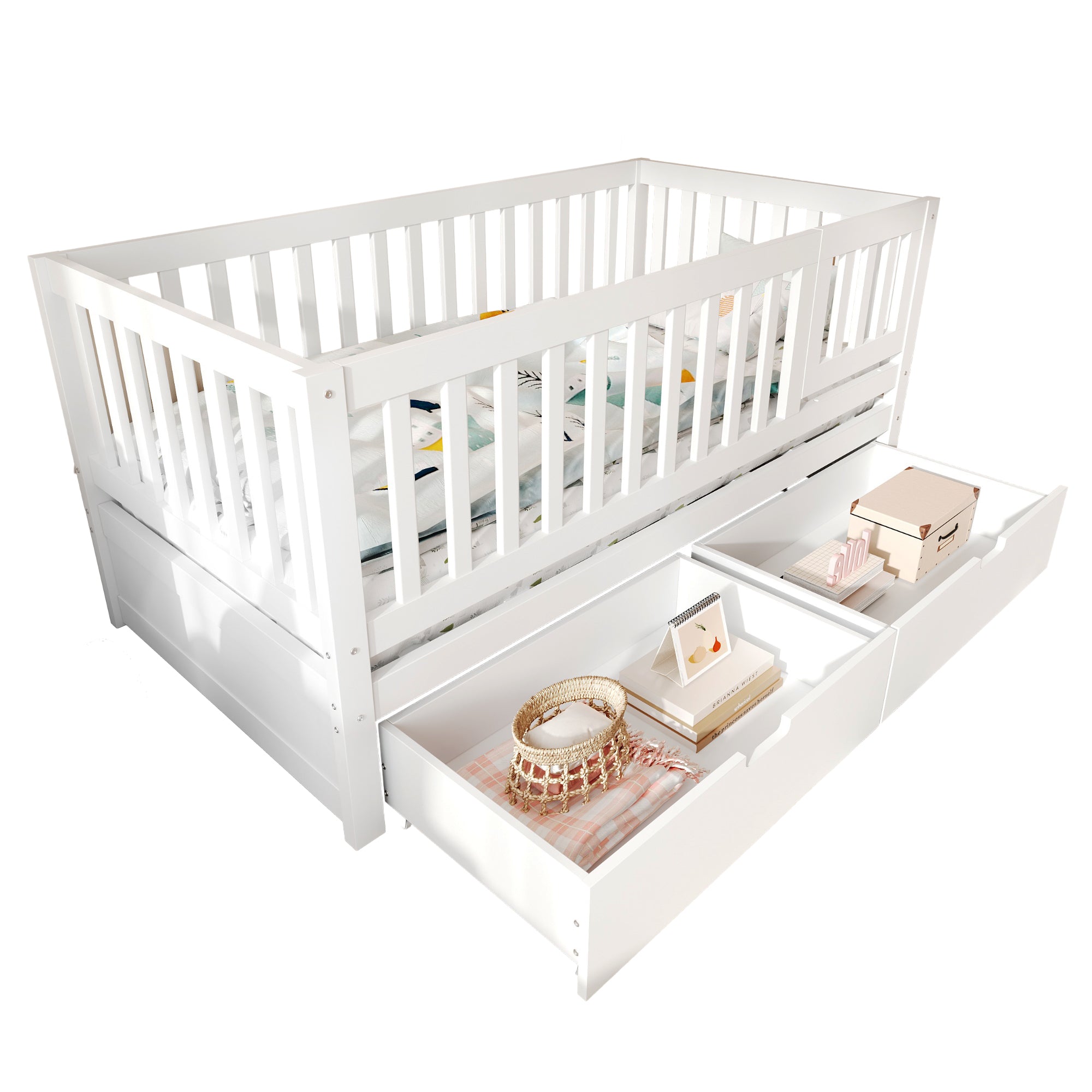 3-in-1 Convertible Toddler Bed with Storage Drawers, Solid Wood Daybed, White