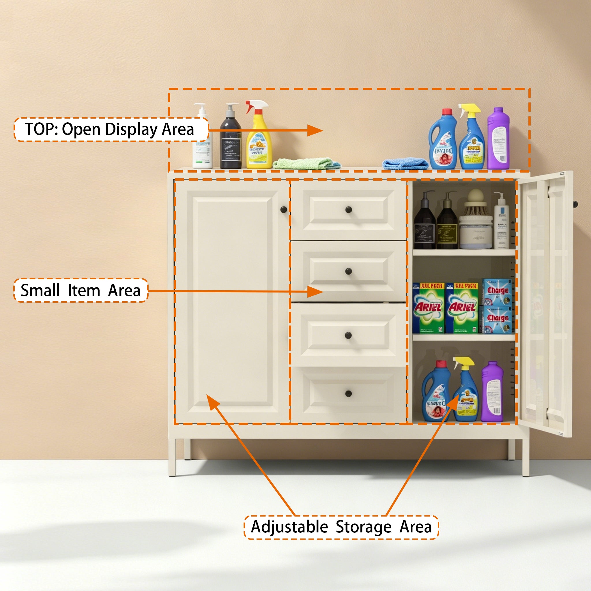 40.16" Steel Storage Sideboard Cabinet with 4 Drawers & 2 Doors – Beige