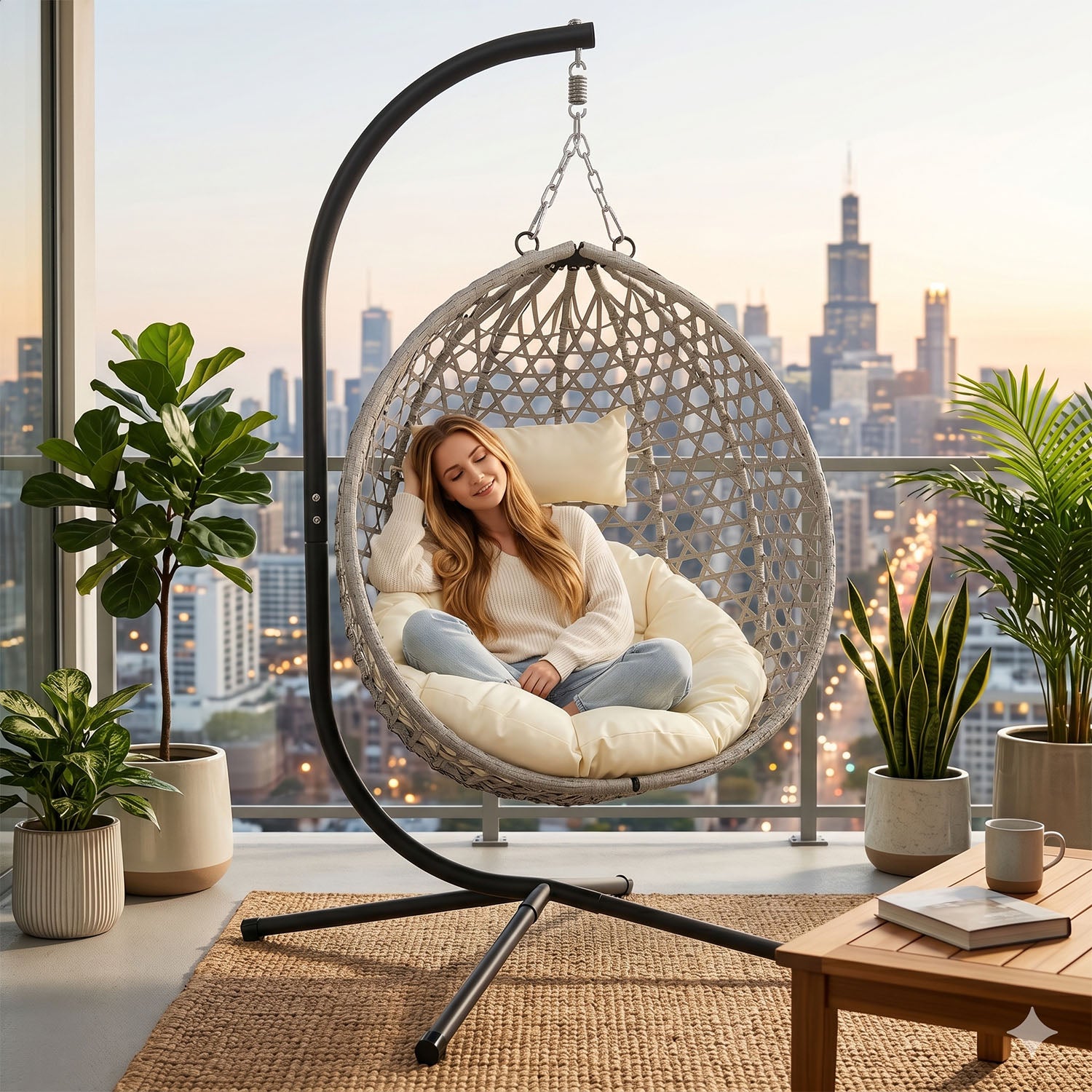 Folding HDPE Rattan Hanging Egg Chair with Stand – Indoor/Outdoor Patio Swing Basket Main image