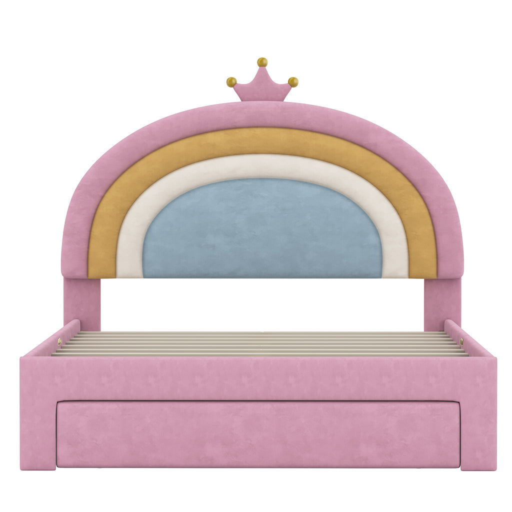 Full Size Upholstered Rainbow Velvet Platform Bed with Storage Drawer – Pink