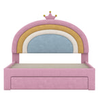 Full Size Upholstered Rainbow Velvet Platform Bed with Storage Drawer – Pink