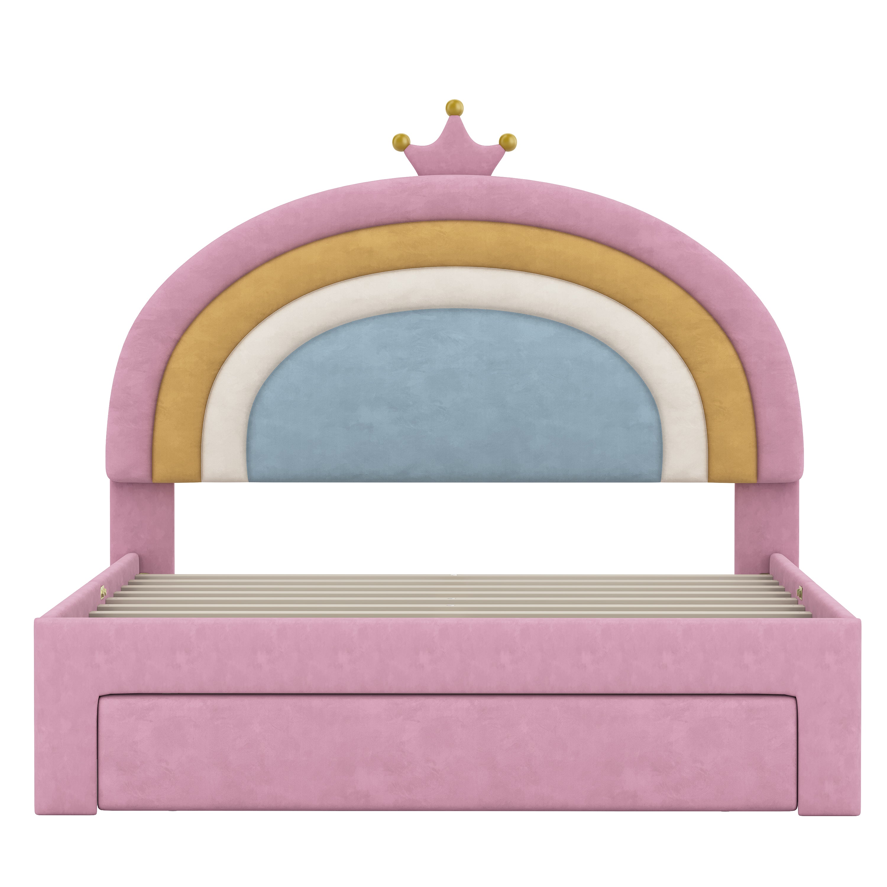 Full Size Upholstered Rainbow Velvet Platform Bed with Storage Drawer – Pink