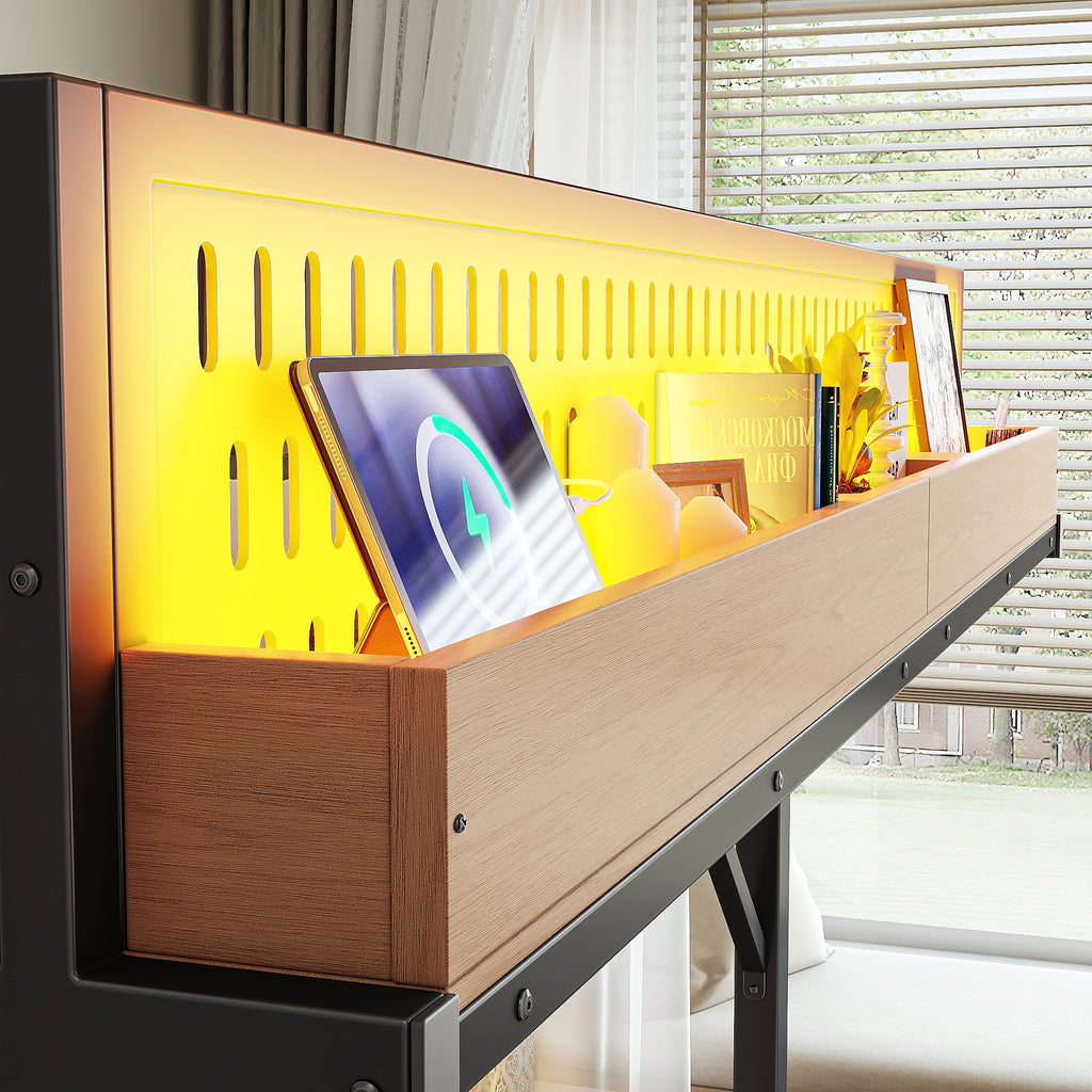 Twin XL Metal Loft Bed with Storage Shelves, Pegboard, USB Ports & LED Lights - product detail image 7