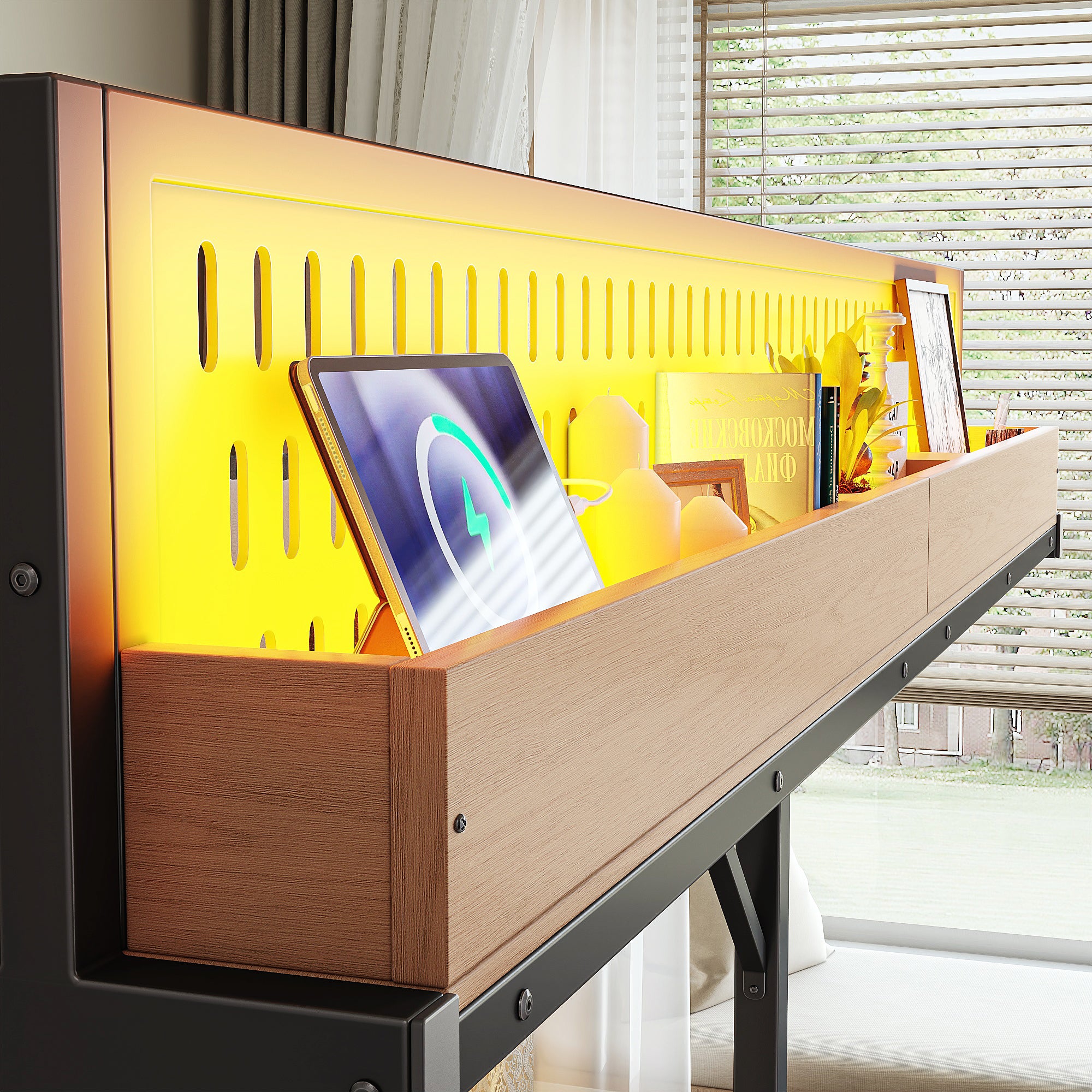 Twin XL Metal Loft Bed with Storage Shelves, Pegboard, USB Ports & LED Lights - product detail image 7