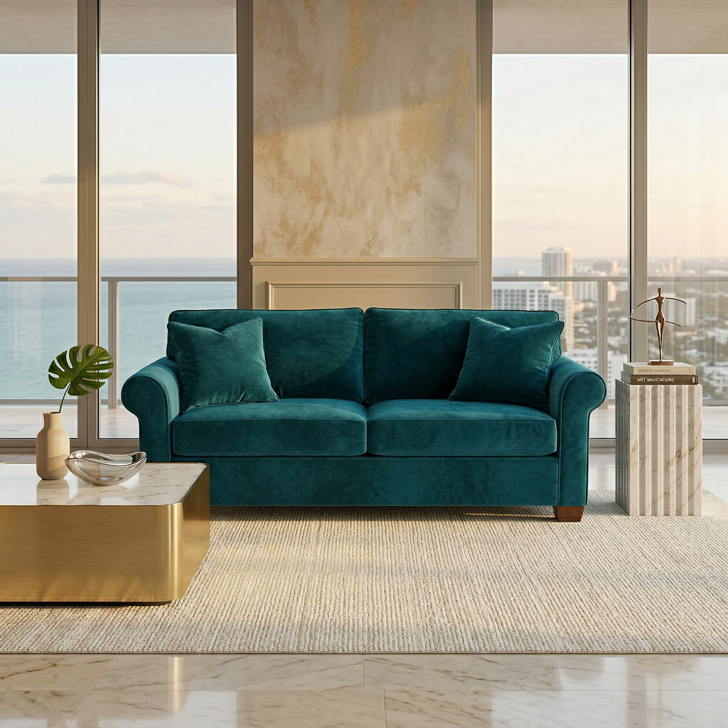 Close-up detail of teal velvet upholstery texture on Irlanda sofa cushion
