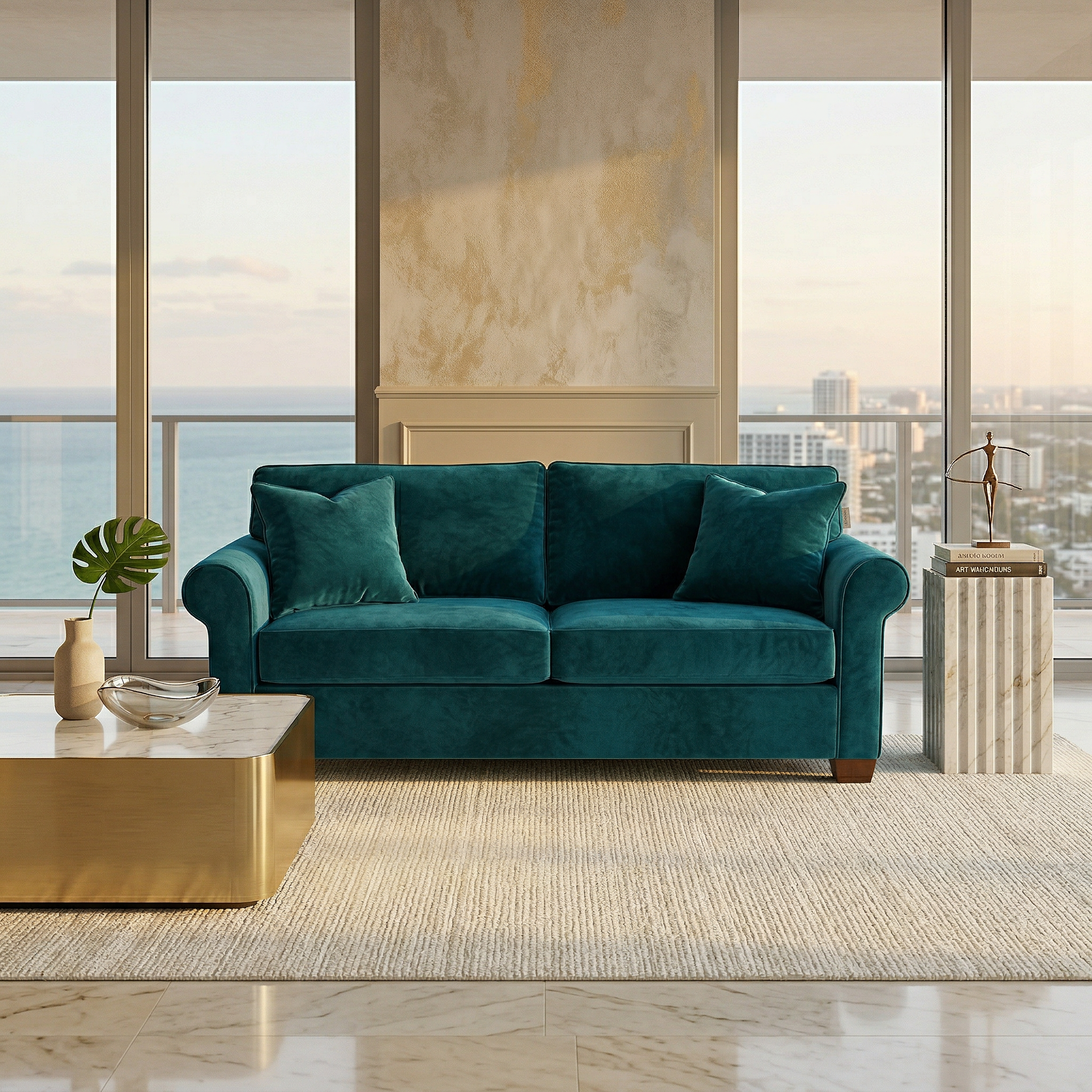 Close-up detail of teal velvet upholstery texture on Irlanda sofa cushion
