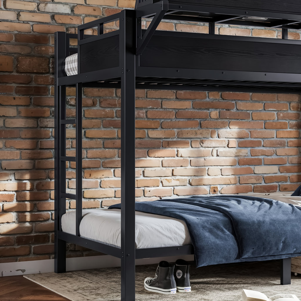 Twin XL Metal Bunk Bed with Storage Shelves, Pegboard, USB Ports & LED Lights – Black - product detail image 6