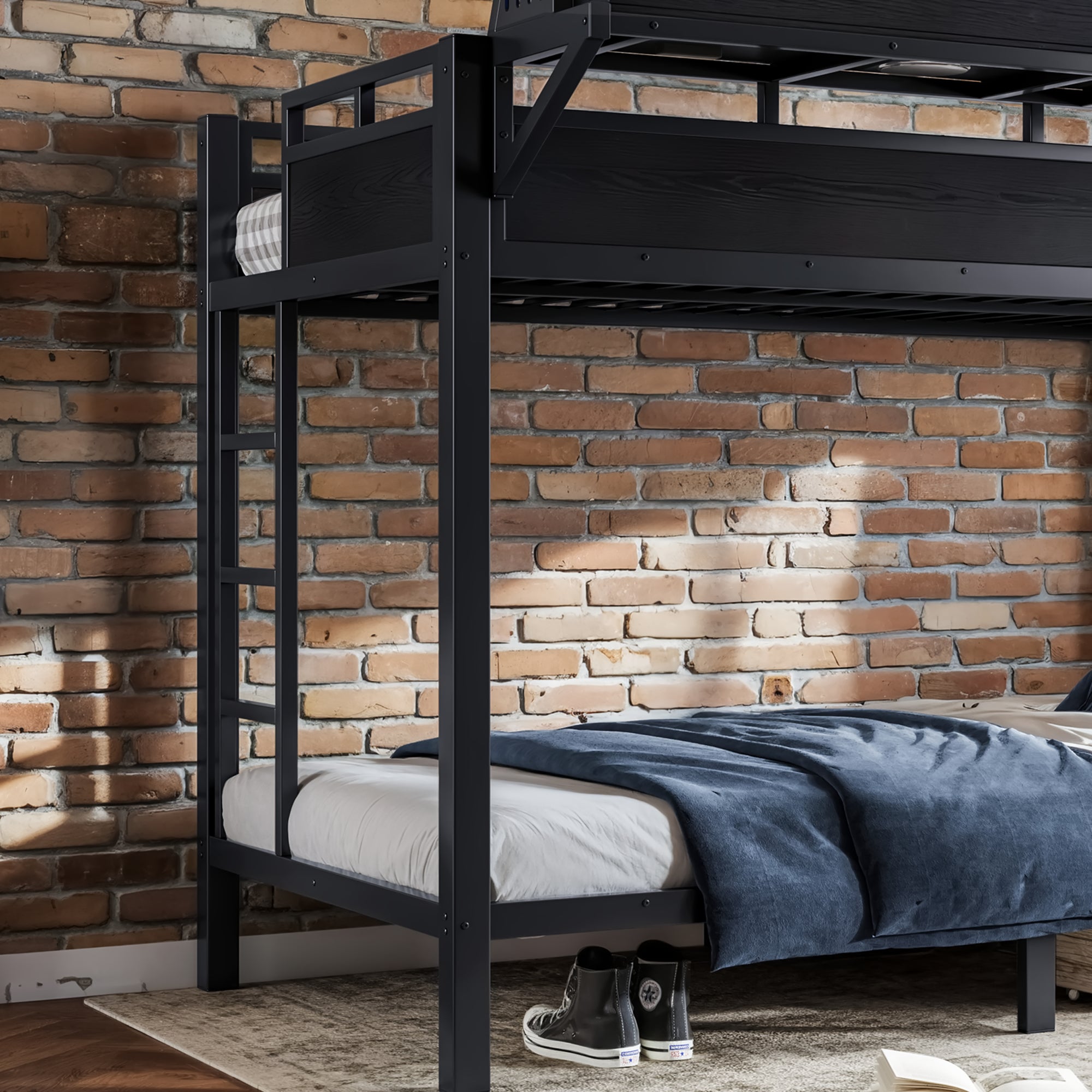 Twin XL Metal Bunk Bed with Storage Shelves, Pegboard, USB Ports & LED Lights – Black - product detail image 6