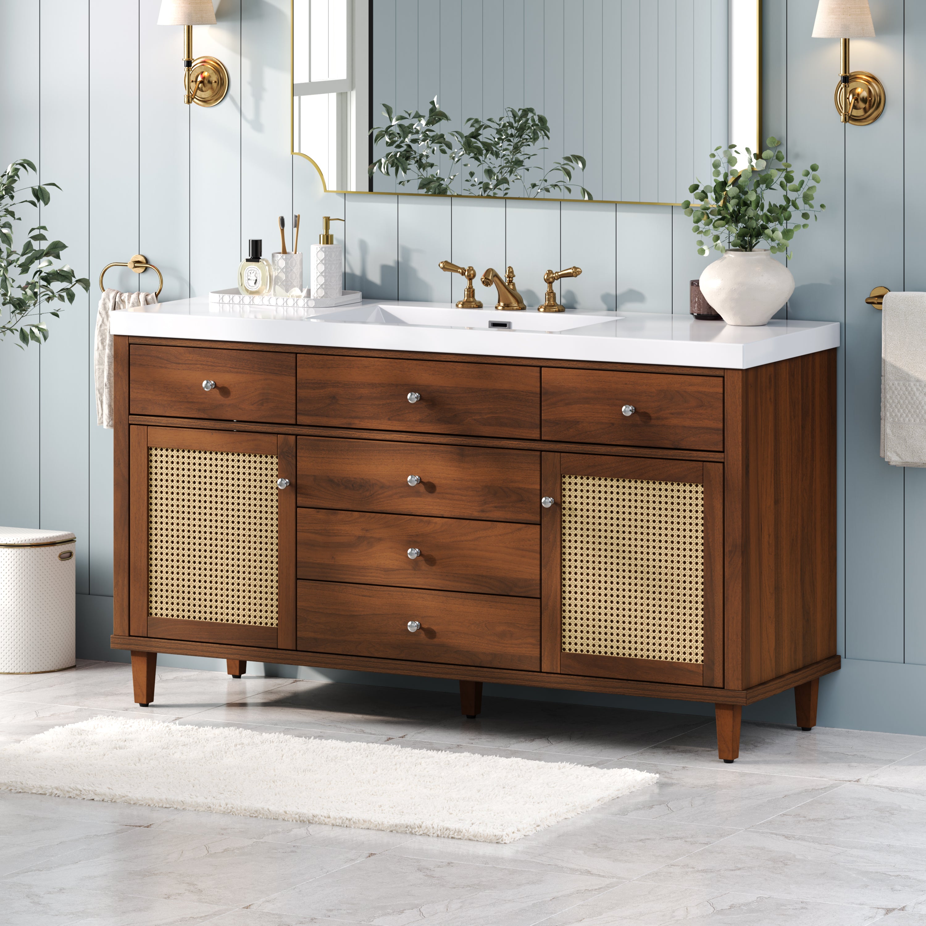 60" Modern Bathroom Vanity with SMC Sink, Soft-Close Drawers & Rattan Doors Main image