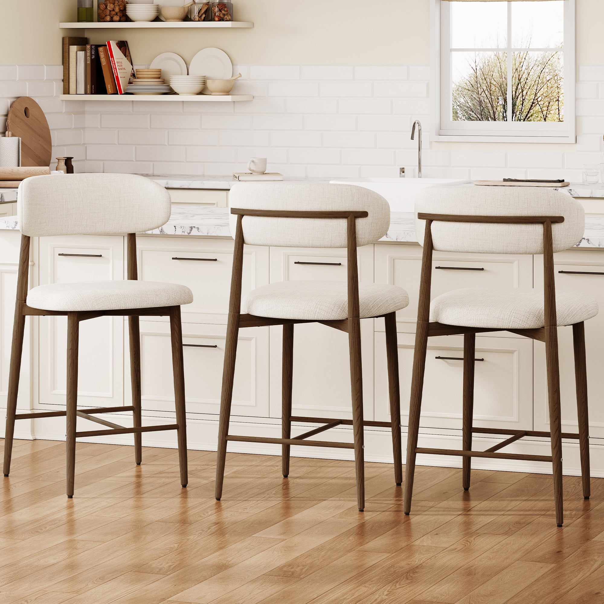Counter Height Bar Stools Set of 2 – Modern Beige Upholstered Stools with Metal Legs for Kitchen Island Secondary image