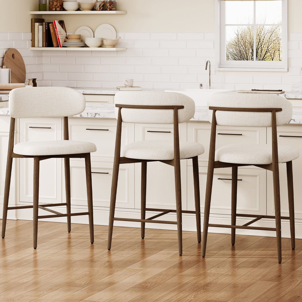 Counter Height Bar Stools Set of 2 – Modern Beige Upholstered Stools with Metal Legs for Kitchen Island