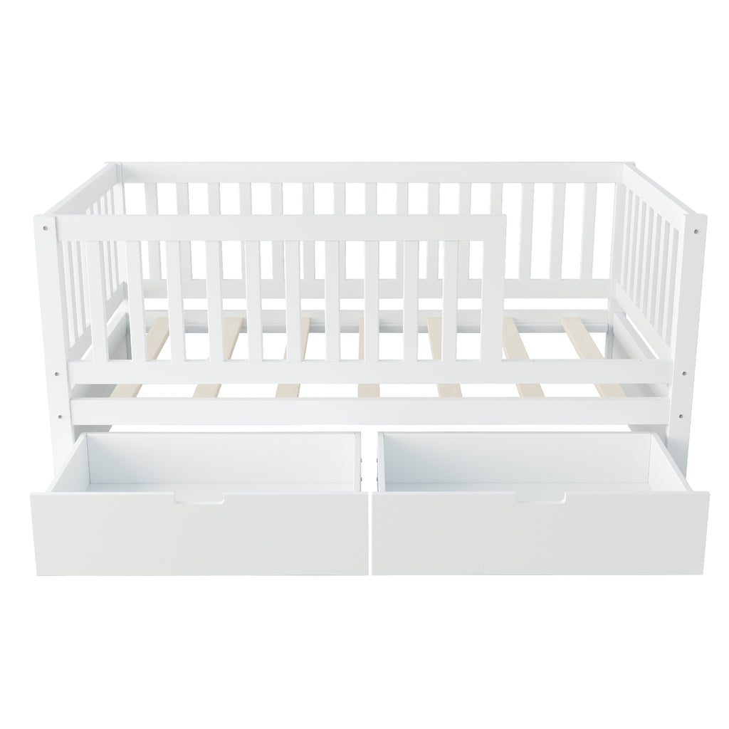 3-in-1 Convertible Toddler Bed with Storage Drawers, Solid Wood Daybed, White