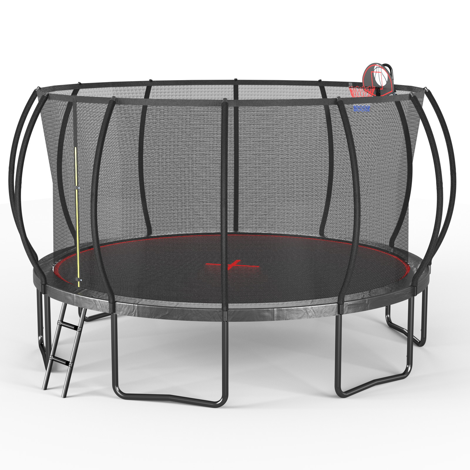 16-Foot Outdoor Trampoline with Safety Enclosure, Basketball Hoop & Ladder – Black and Red