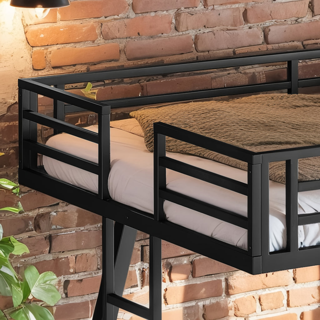 Queen over Queen Metal Bunk Bed with Dual Side Ladders and Low Profile Design – Black