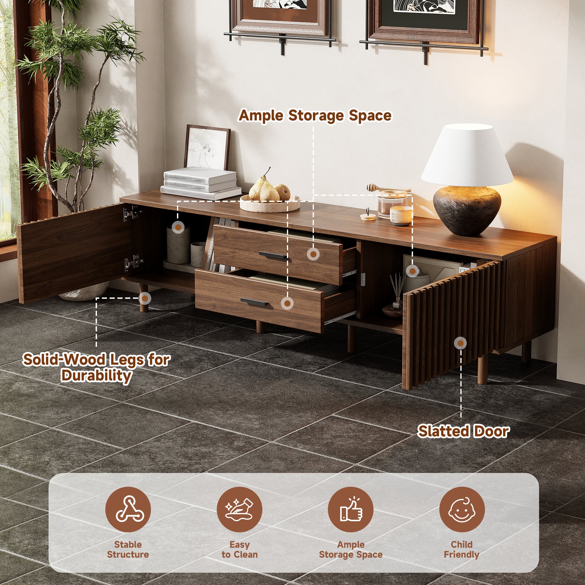 70-inch Modern TV Stand for TVs up to 80 Inches – Dark Brown Wood-Grain with Ample Storage & Solid Pine Legs