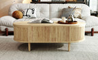Close-up of tabletop showing wood wave grain texture
