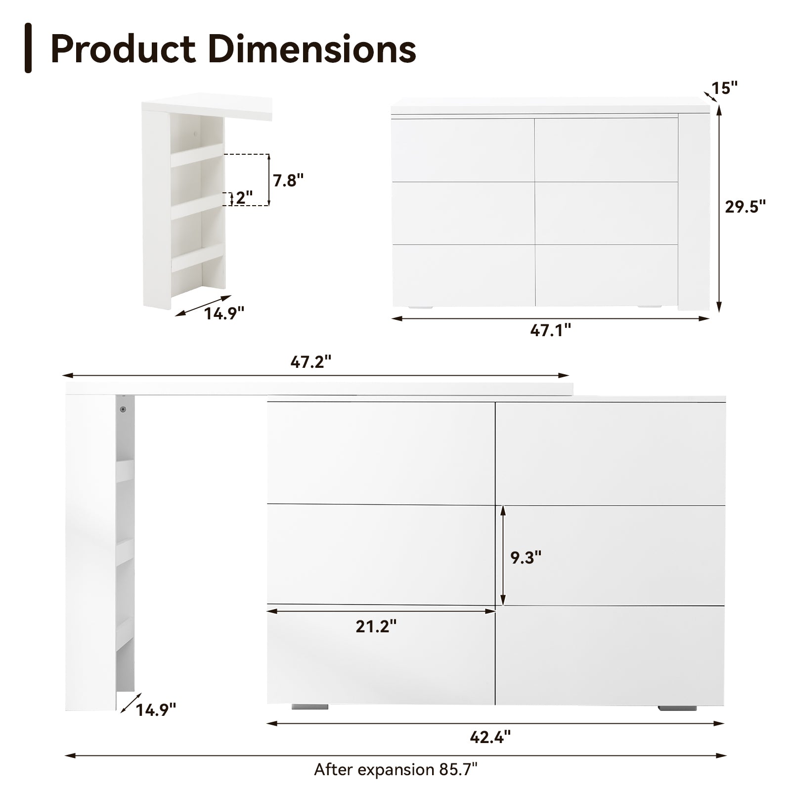 6-Drawer L-Shaped Vanity Dresser Combo with Wide Desktop – White Modern Bedroom Dressing Table