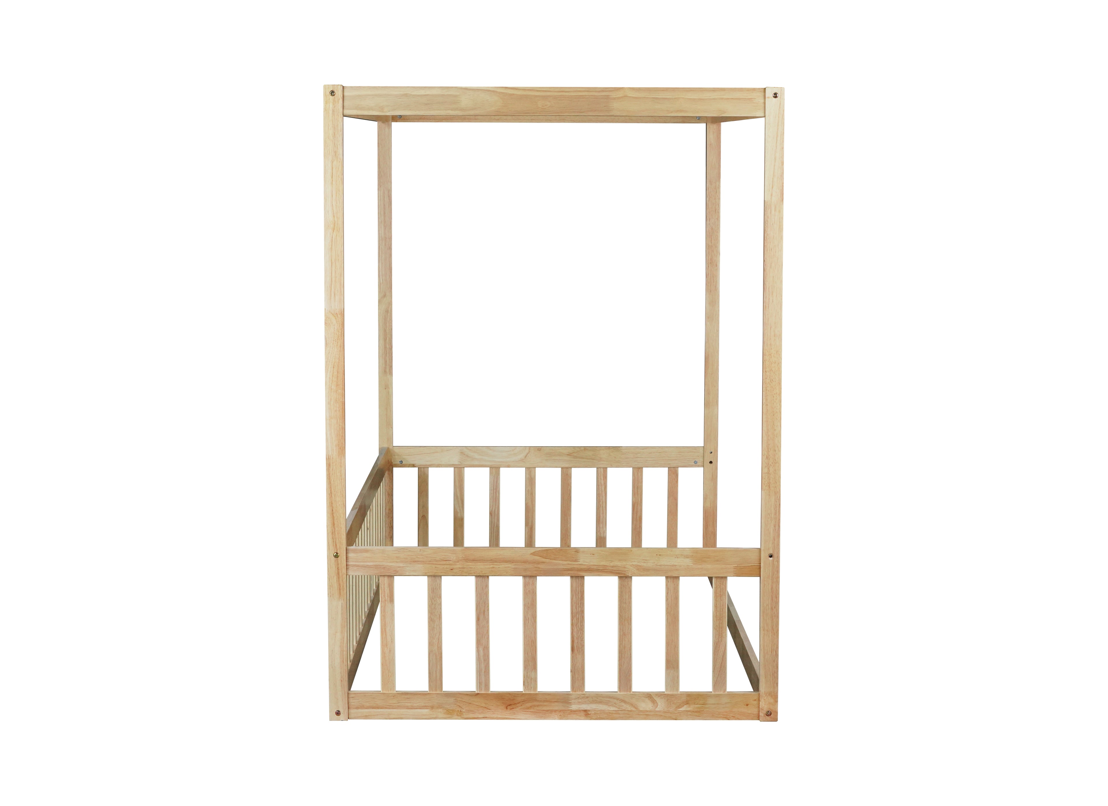 Twin Canopy Frame Floor Bed with Guardrails in Natural Wood