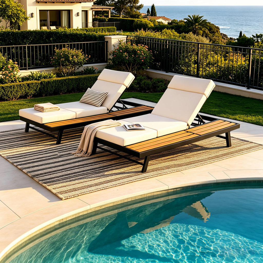 Black Iron and Teak Outdoor Chaise Lounge Set with Beige Cushion – 400 lb Capacity, Adjustable Backrest & Storage Surfac