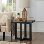 Luno Contemporary End Table in black shown in front view, highlighting rectangular top and intersecting base
