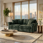 Side profile of Irlanda Velvet Sofa highlighting rolled arm and back cushion support