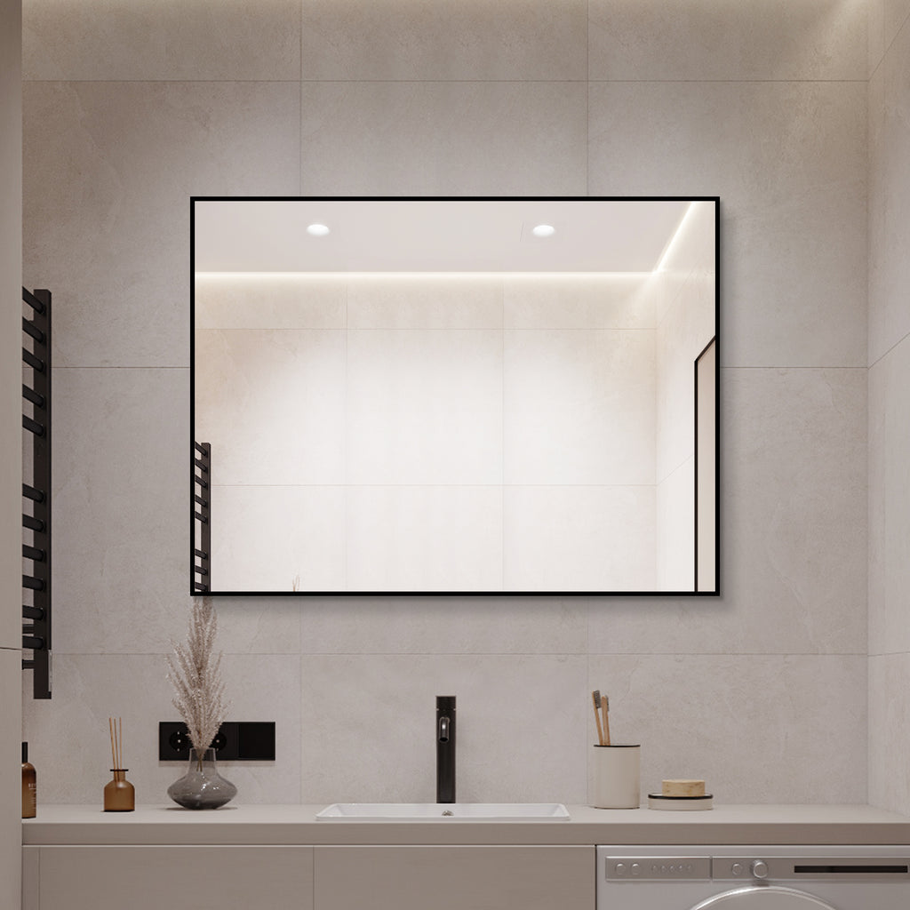 24 x 32 Inch Black Aluminum Bathroom Mirror – HD Copper-Free Silver Glass, Horizontal or Vertical Mount