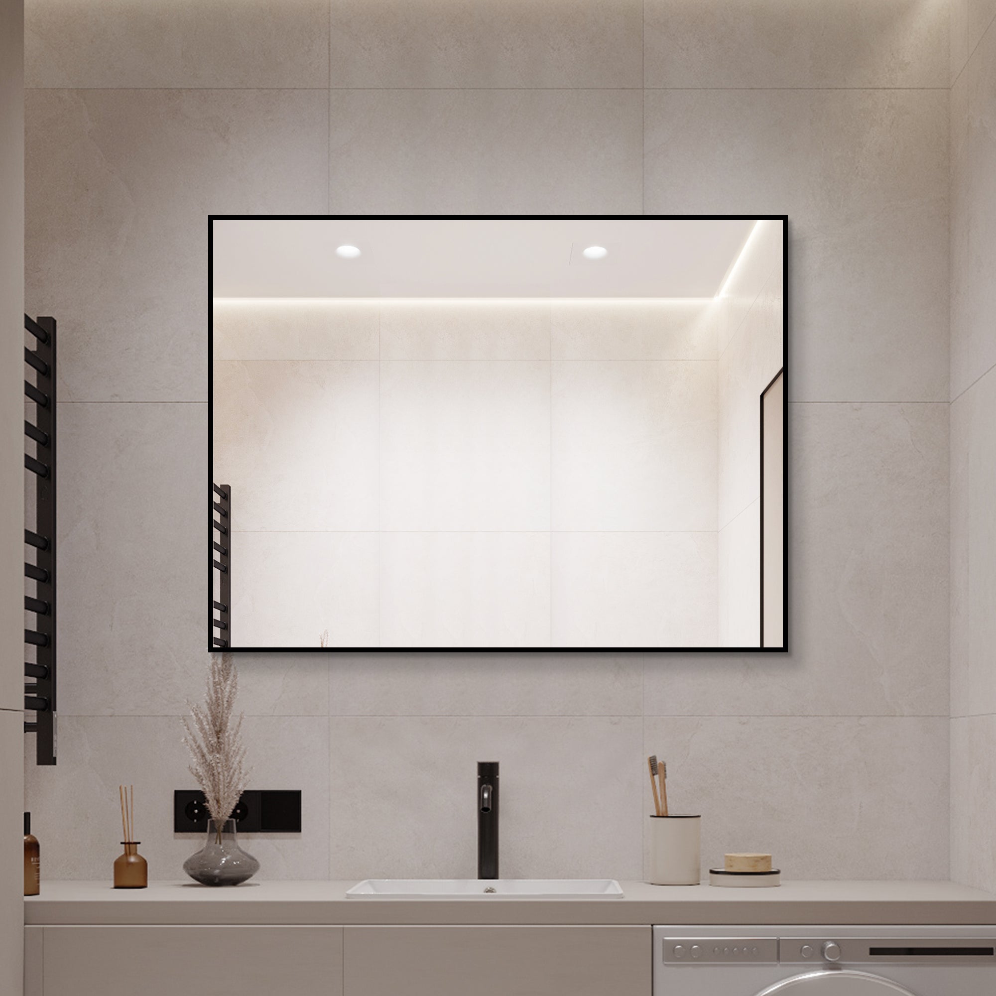 24 x 32 Inch Black Aluminum Bathroom Mirror – HD Copper-Free Silver Glass, Horizontal or Vertical Mount