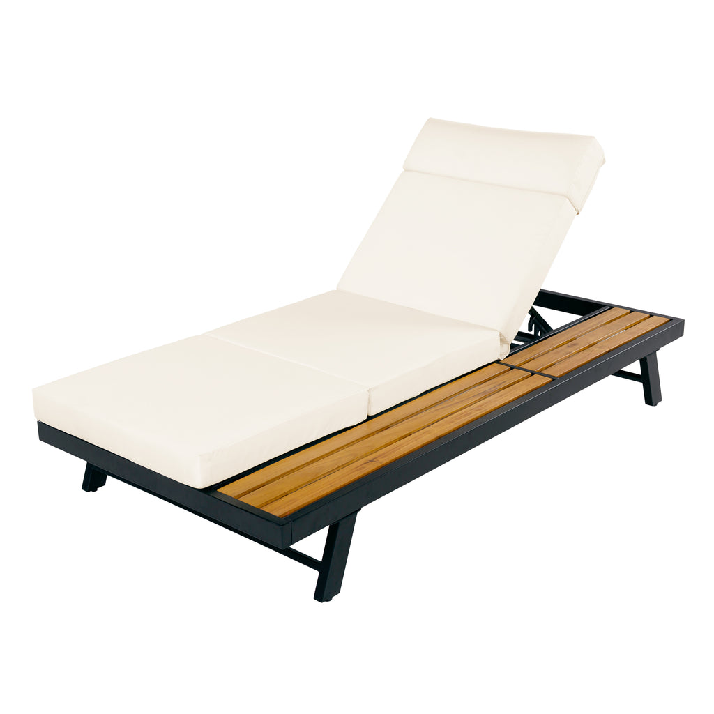 Black Iron and Teak Outdoor Chaise Lounge Set with Beige Cushion – 400 lb Capacity, Adjustable Backrest & Storage Surfac
