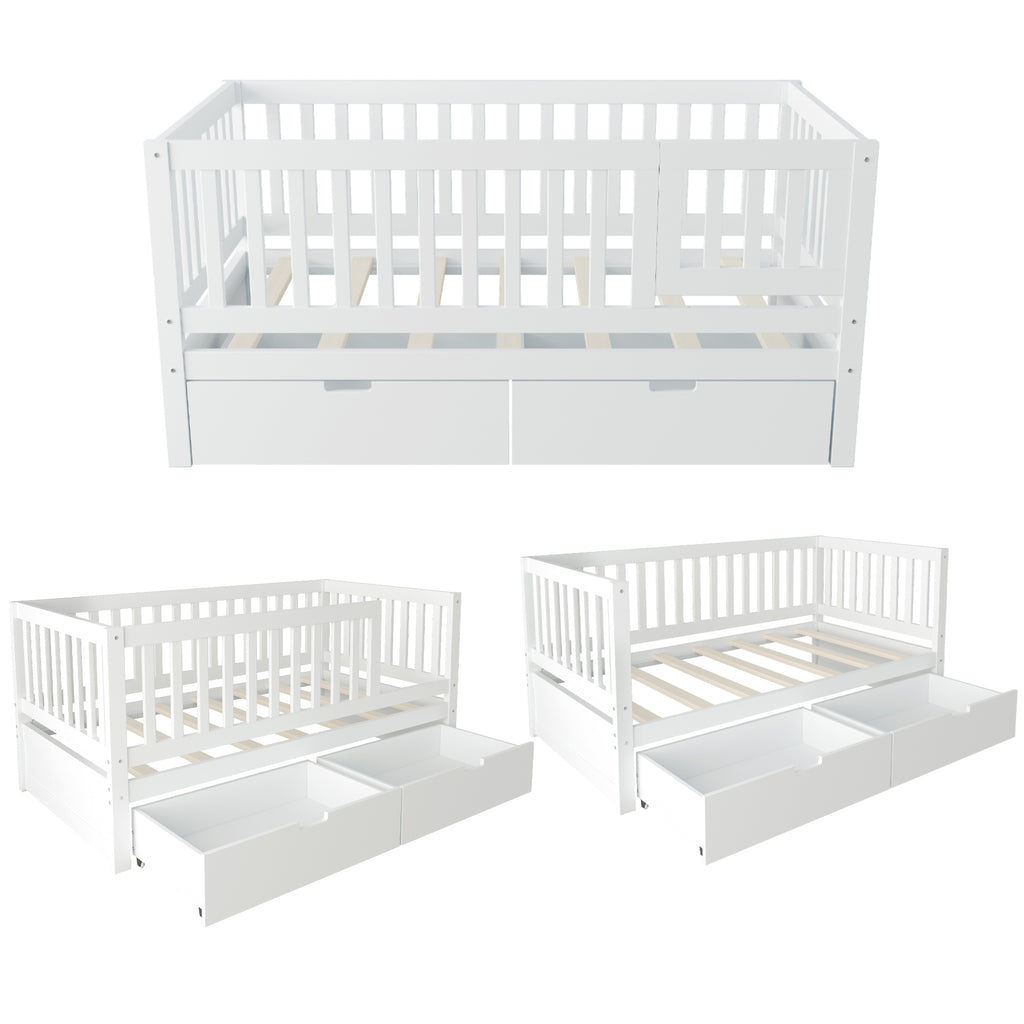 3-in-1 Convertible Toddler Bed with Storage Drawers, Solid Wood Daybed, White