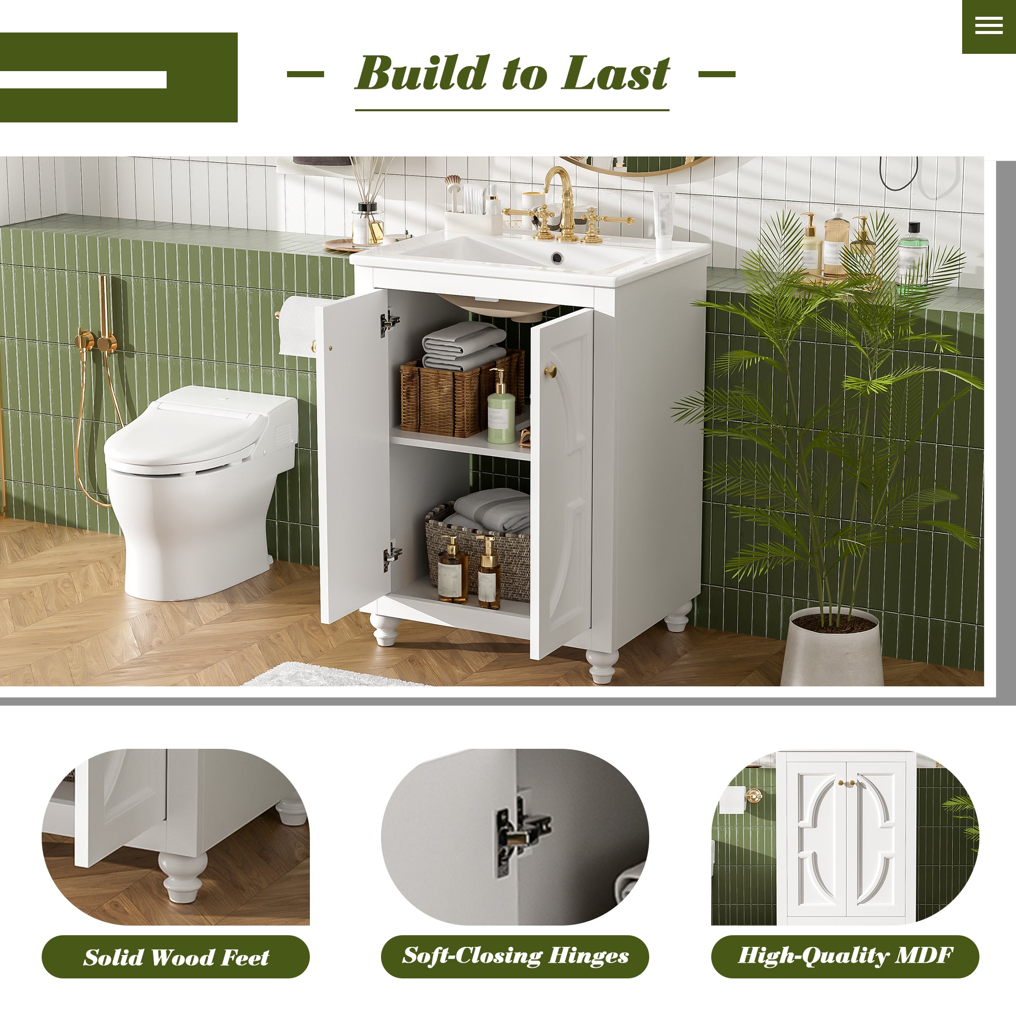 24-inch Modern White Bathroom Vanity with Ceramic Sink and Soft-Close Hinges