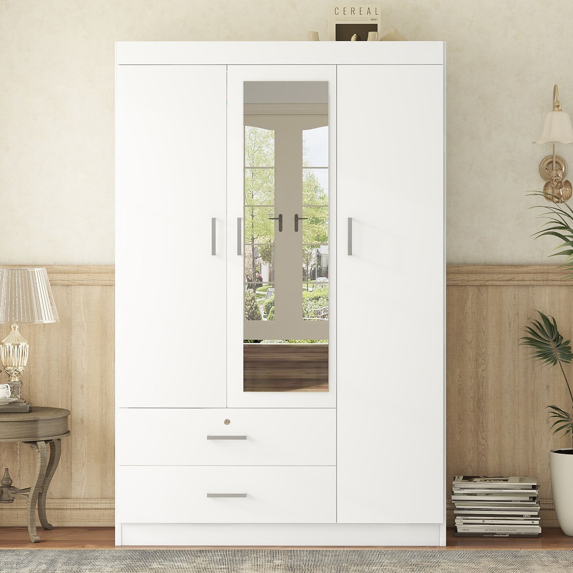 Side view of white 3-door mirror wardrobe highlighting profile and finish