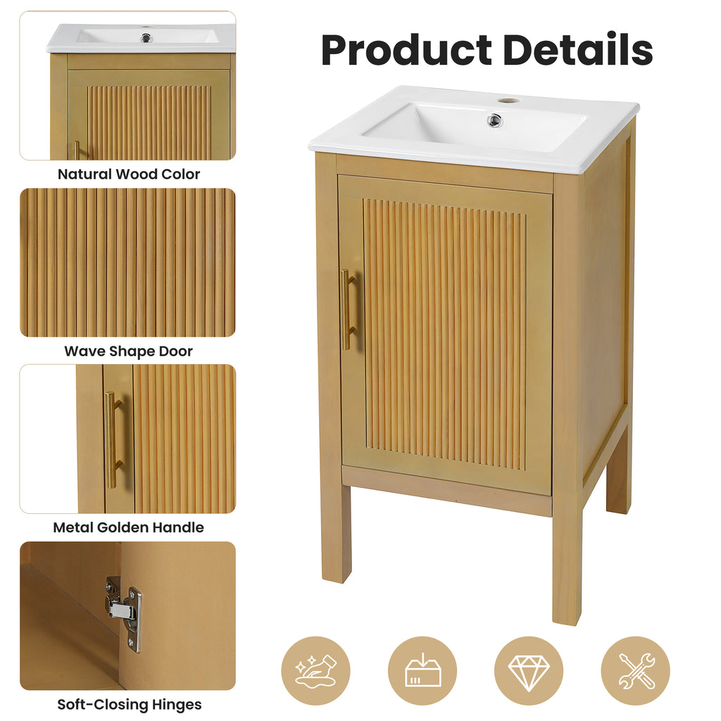18" Modern Bathroom Vanity with Ceramic Sink, Adjustable Shelf & Soft-Closing Hinges