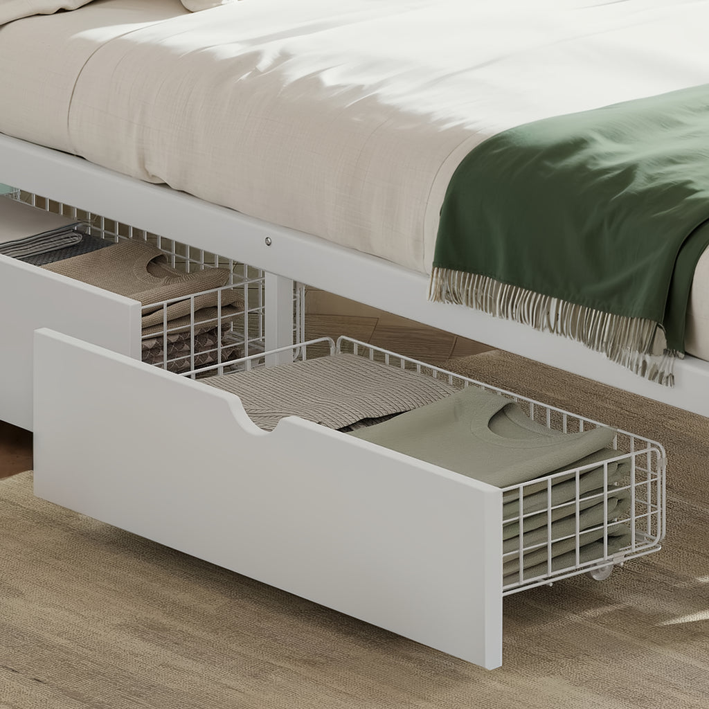Queen Platform Bed with Storage Drawers, Low-Profile Metal Frame in White