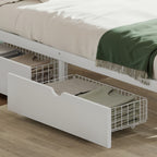 Queen Platform Bed with Storage Drawers, Low-Profile Metal Frame in White