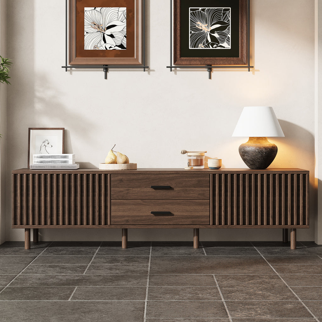 70-inch Modern TV Stand for TVs up to 80 Inches – Dark Brown Wood-Grain with Ample Storage & Solid Pine Legs