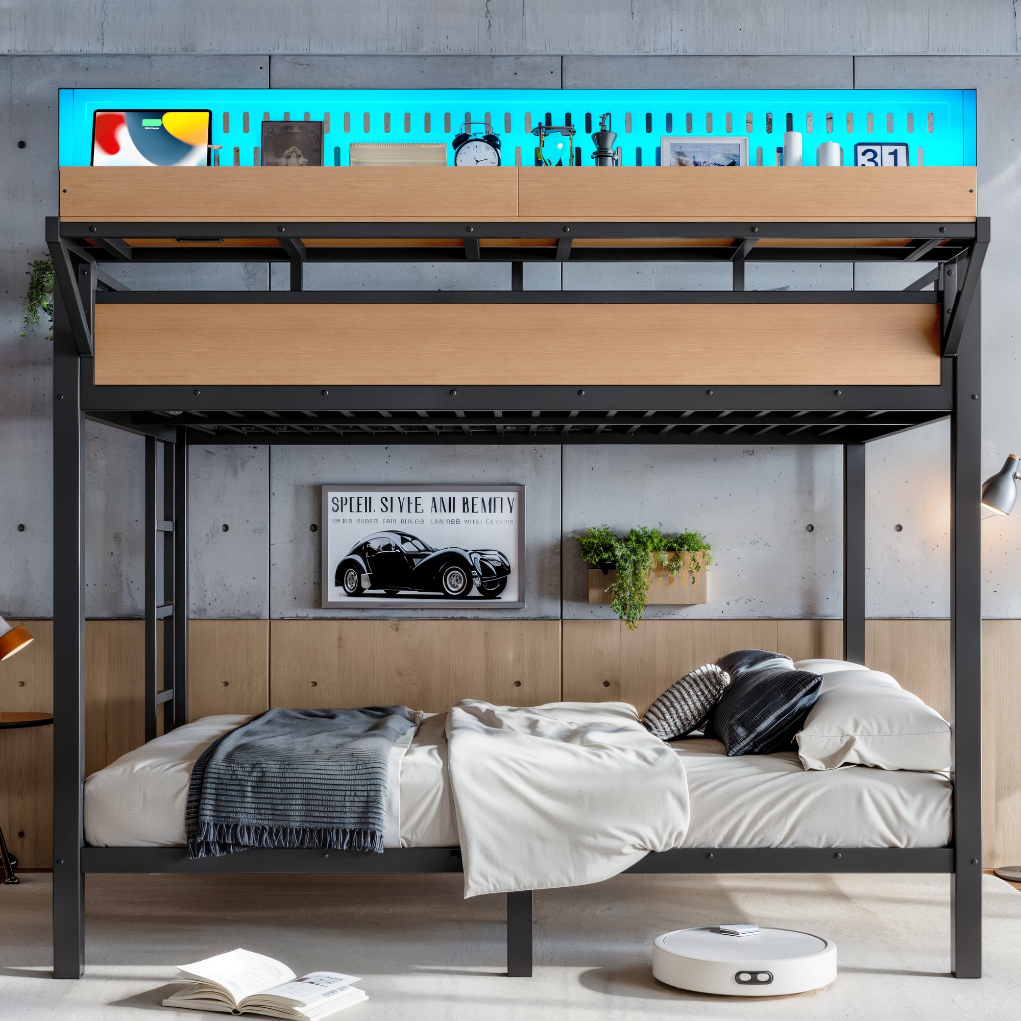 Queen Over Queen Metal Bunk Bed with Storage Shelves, Pegboard, USB Ports & LED Lights