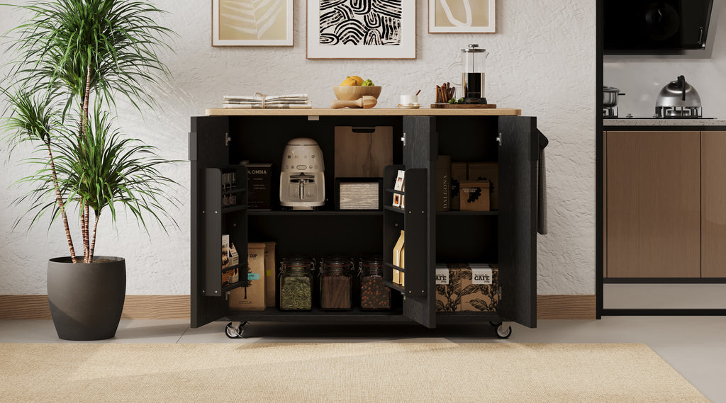 Interior view showing two-tier internal storage racks behind cabinet doors