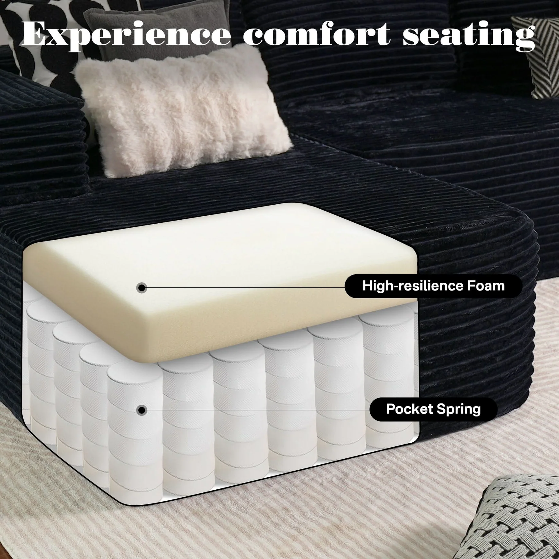 96" Frameless Boneless Black Corduroy Sectional Sofa with L-Shaped Chaise - product detail image 7
