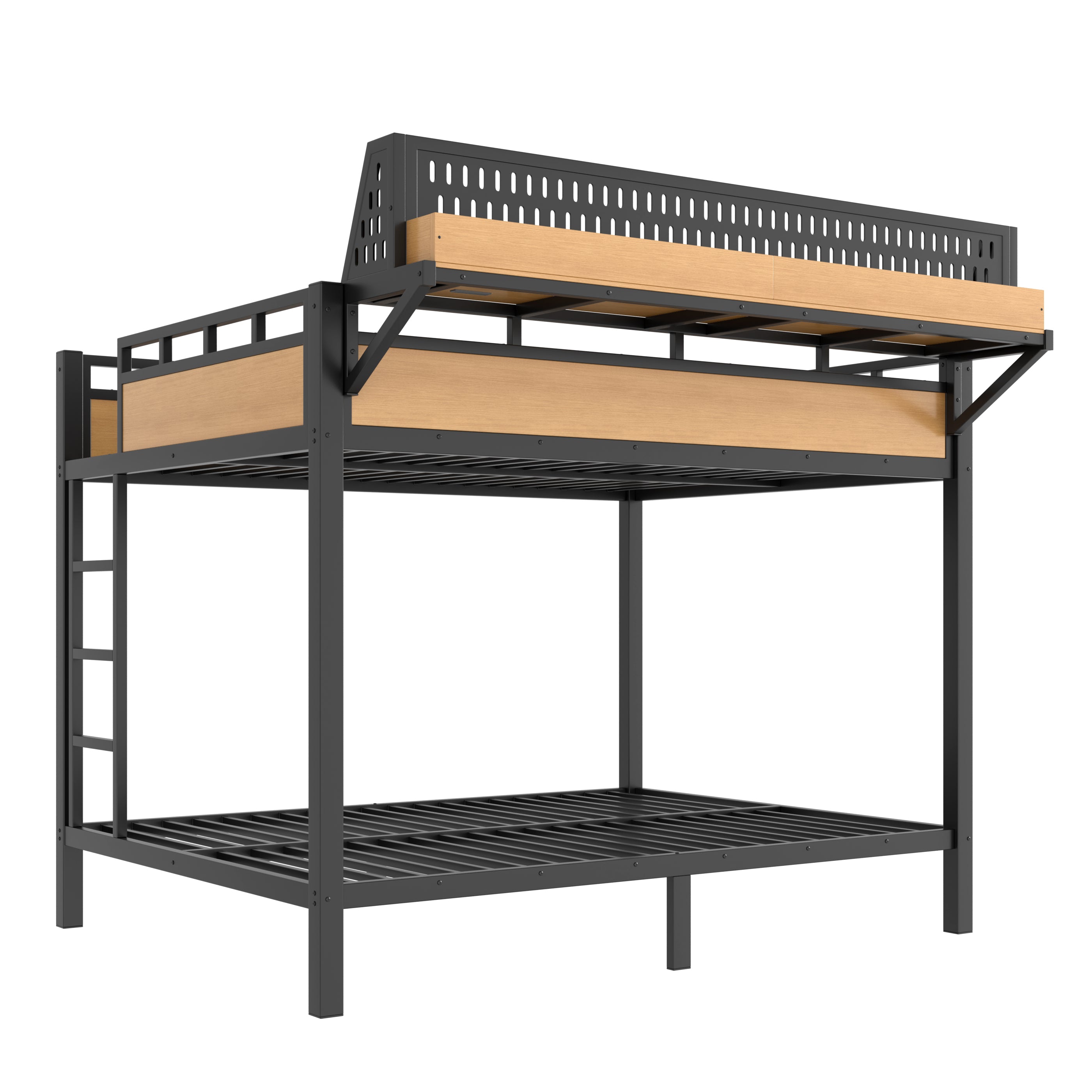 Queen Over Queen Metal Bunk Bed with Storage Shelves, Pegboard, USB Ports & LED Lights