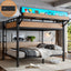 Queen Over Queen Metal Bunk Bed with Storage Shelves, Pegboard, USB Ports & LED Lights