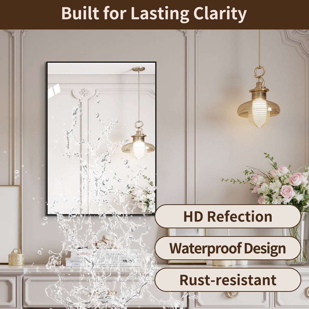 24 x 32 Inch Black Aluminum Bathroom Mirror – HD Copper-Free Silver Glass, Horizontal or Vertical Mount