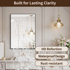 24 x 32 Inch Black Aluminum Bathroom Mirror – HD Copper-Free Silver Glass, Horizontal or Vertical Mount