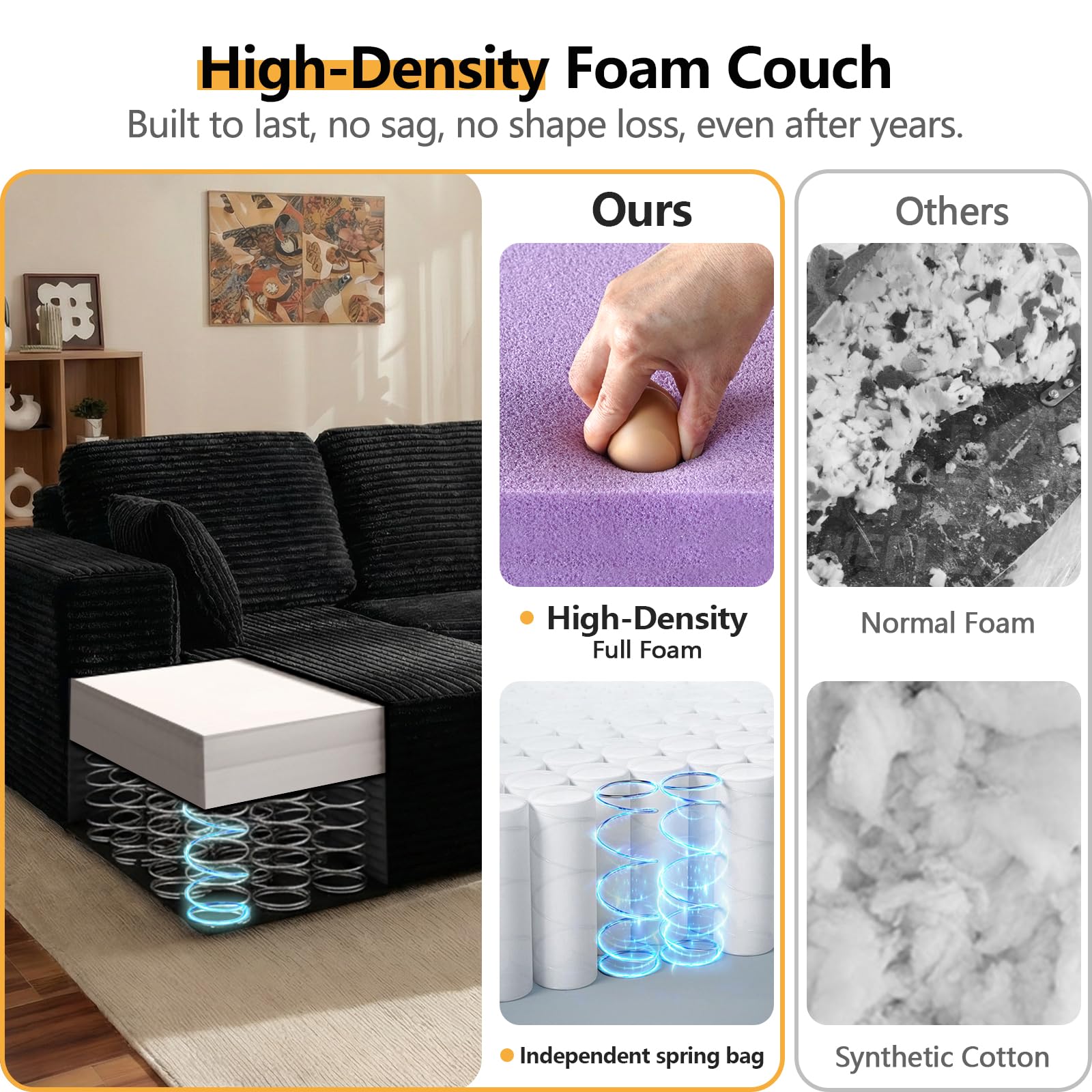 96" Black L-Shaped Compressed Sofa – Frameless, No Assembly Required - product detail image 10