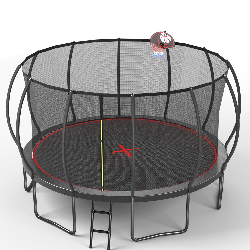16-Foot Outdoor Trampoline with Safety Enclosure, Basketball Hoop & Ladder – Black and Red