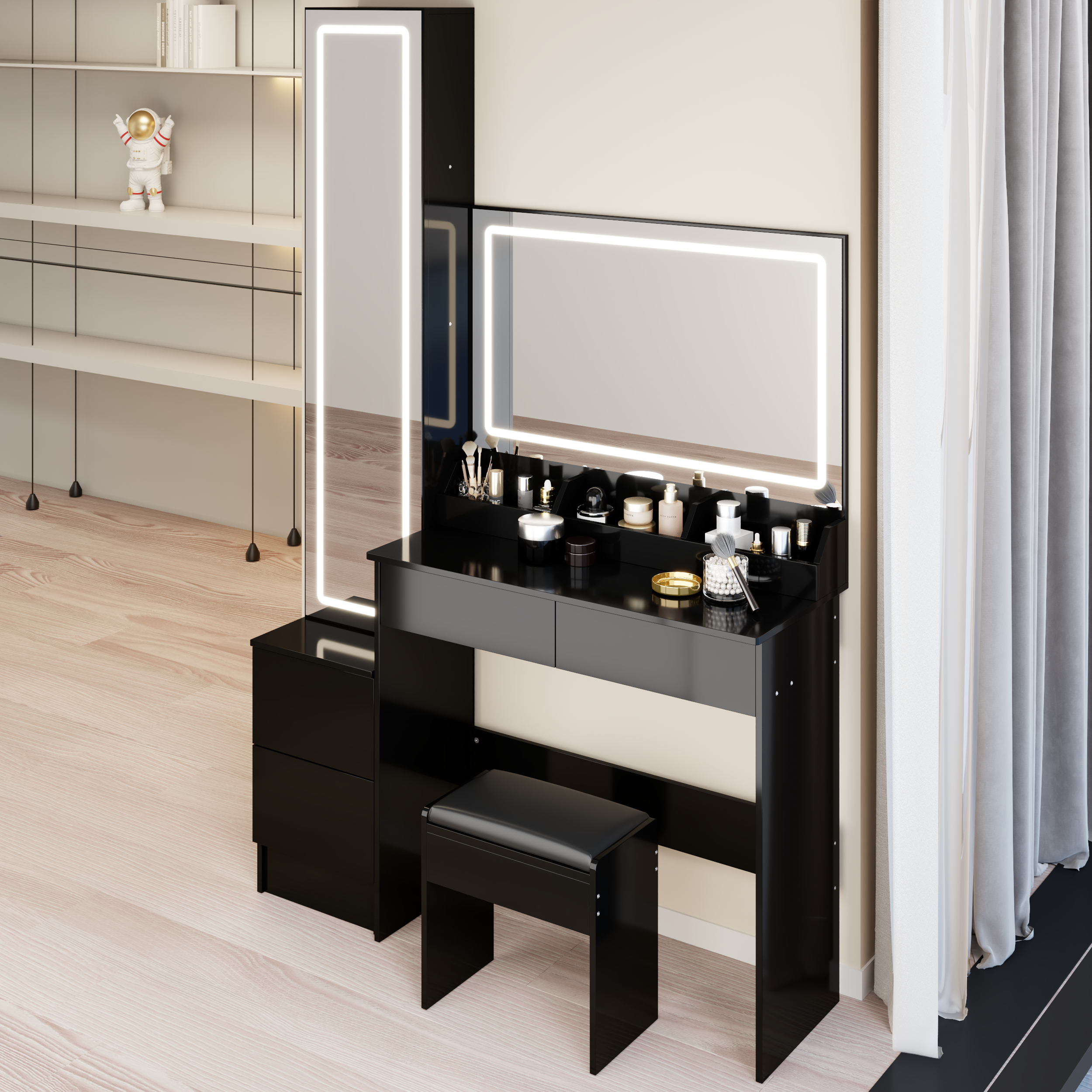 Extra Large LED Mirror Vanity Set with Full-Body Cabinet & Cushioned Stool