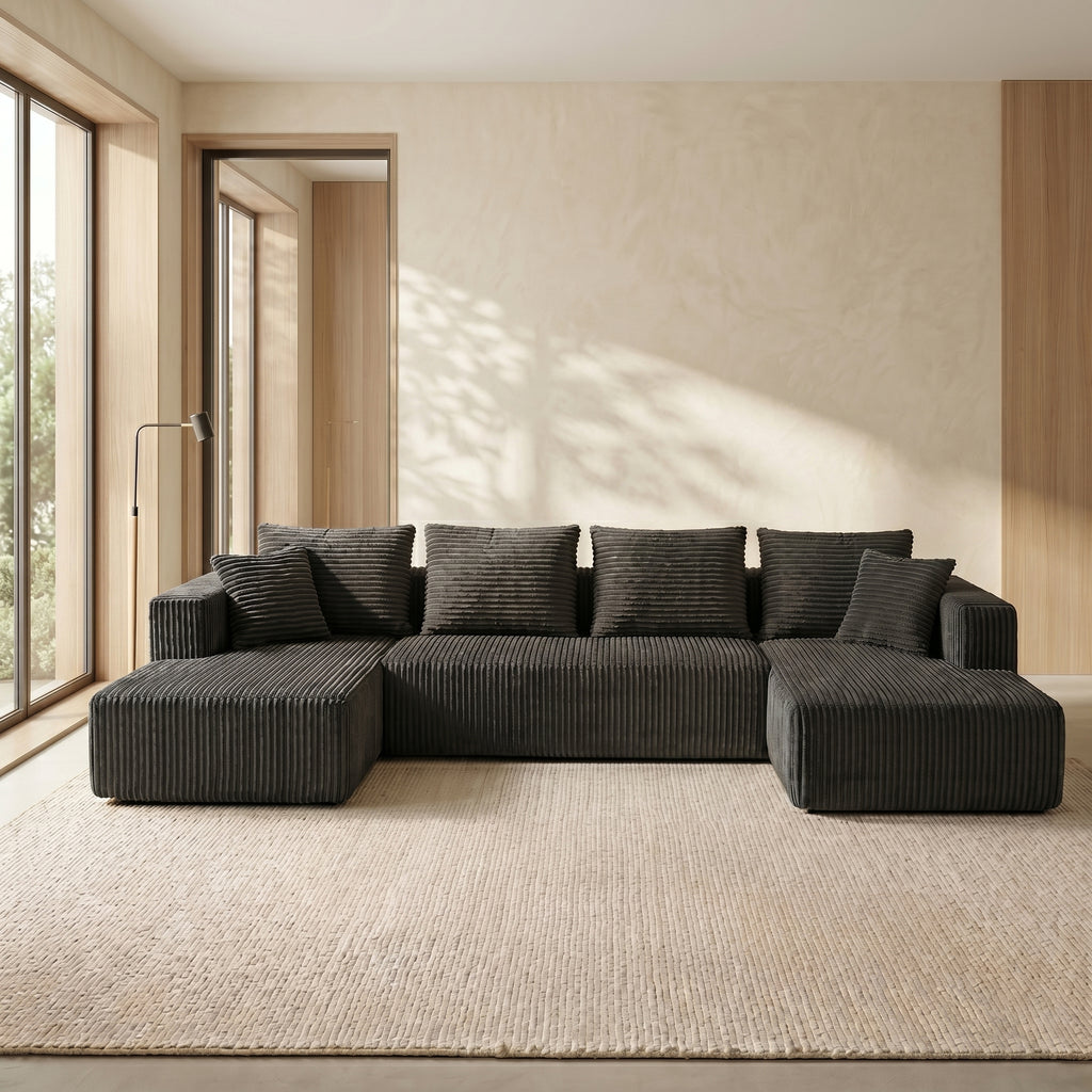 U-Shaped Corduroy Sectional Sofa with Double Chaise – Gray, 132" Deep Seat - product detail image 9