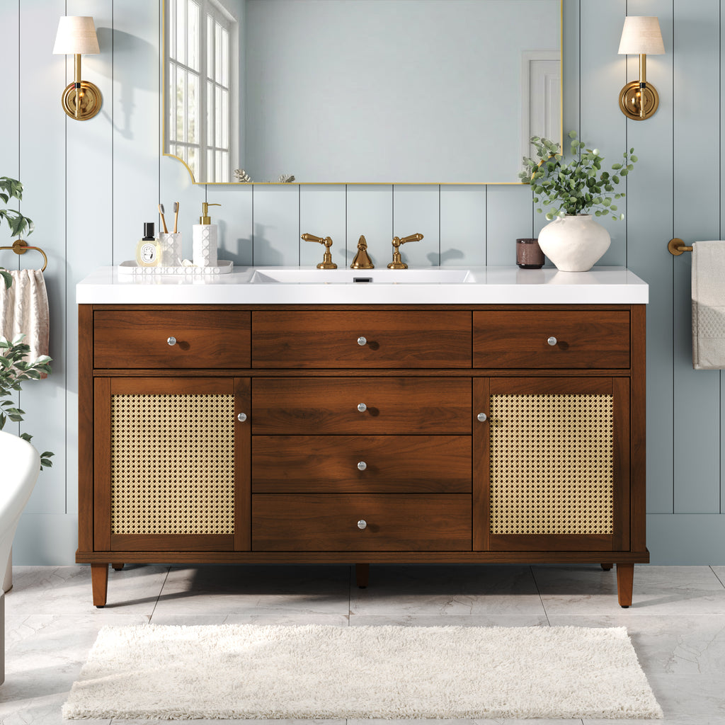 60" Modern Bathroom Vanity with SMC Sink, Soft-Close Drawers & Rattan Doors